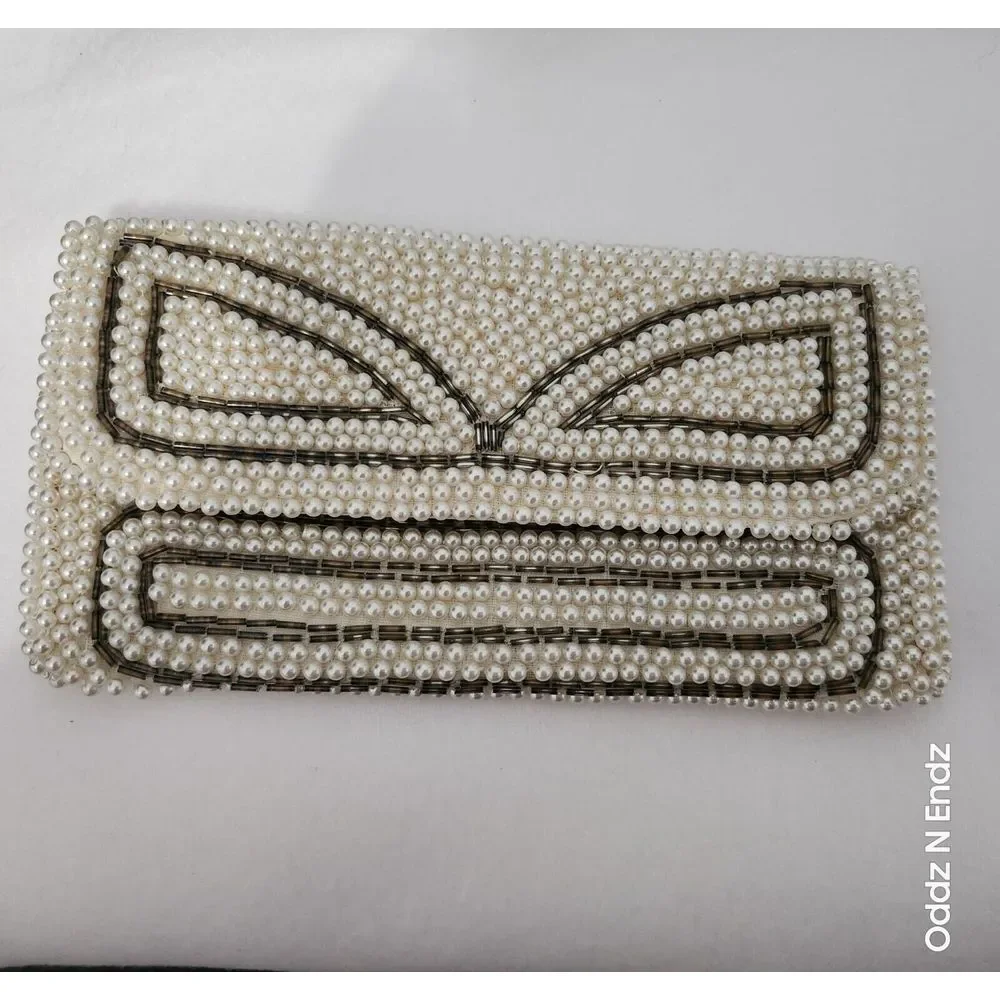 Vintage Beaded White Pearl Evening Clutch Purse With Snap‎ Closure
